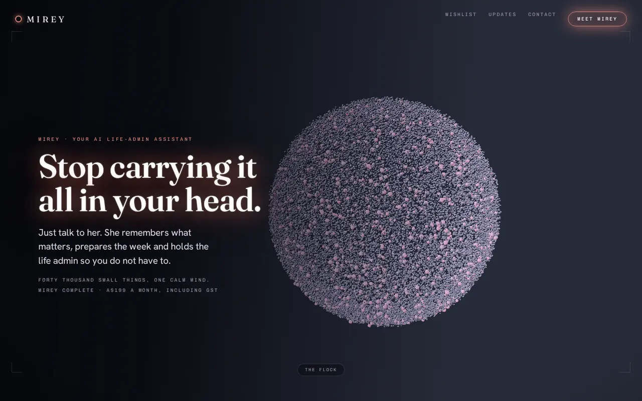 Mirey homepage — a personal AI assistant that prepares, then waits for approval.